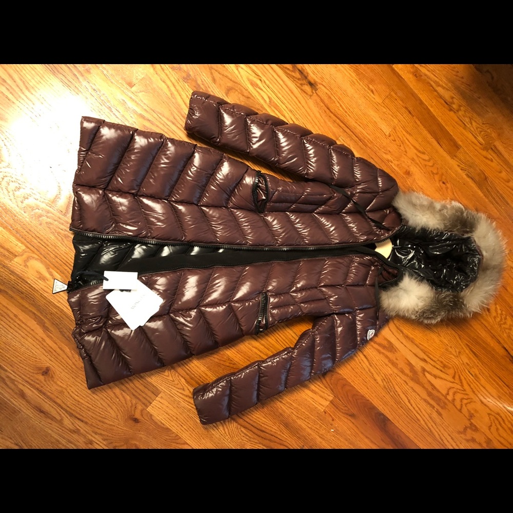 Moncler bellette hooded down coat with fur trim